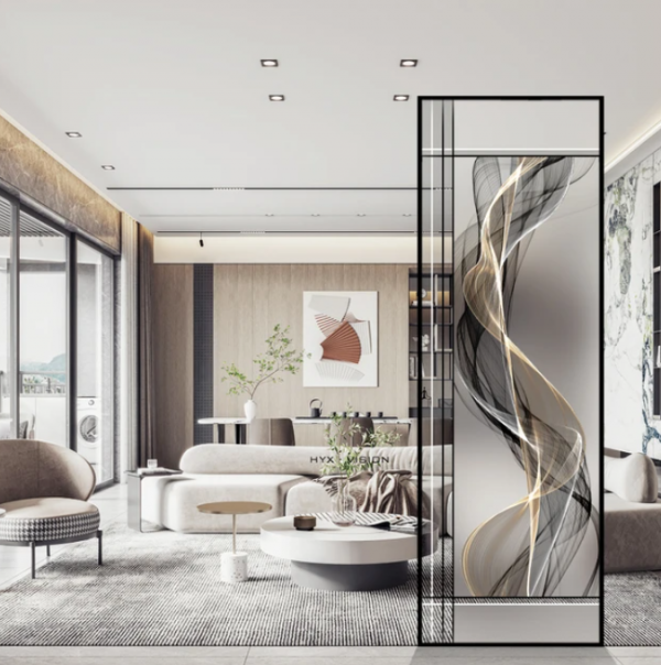 Dinding kaca dengan aksen stainless steel